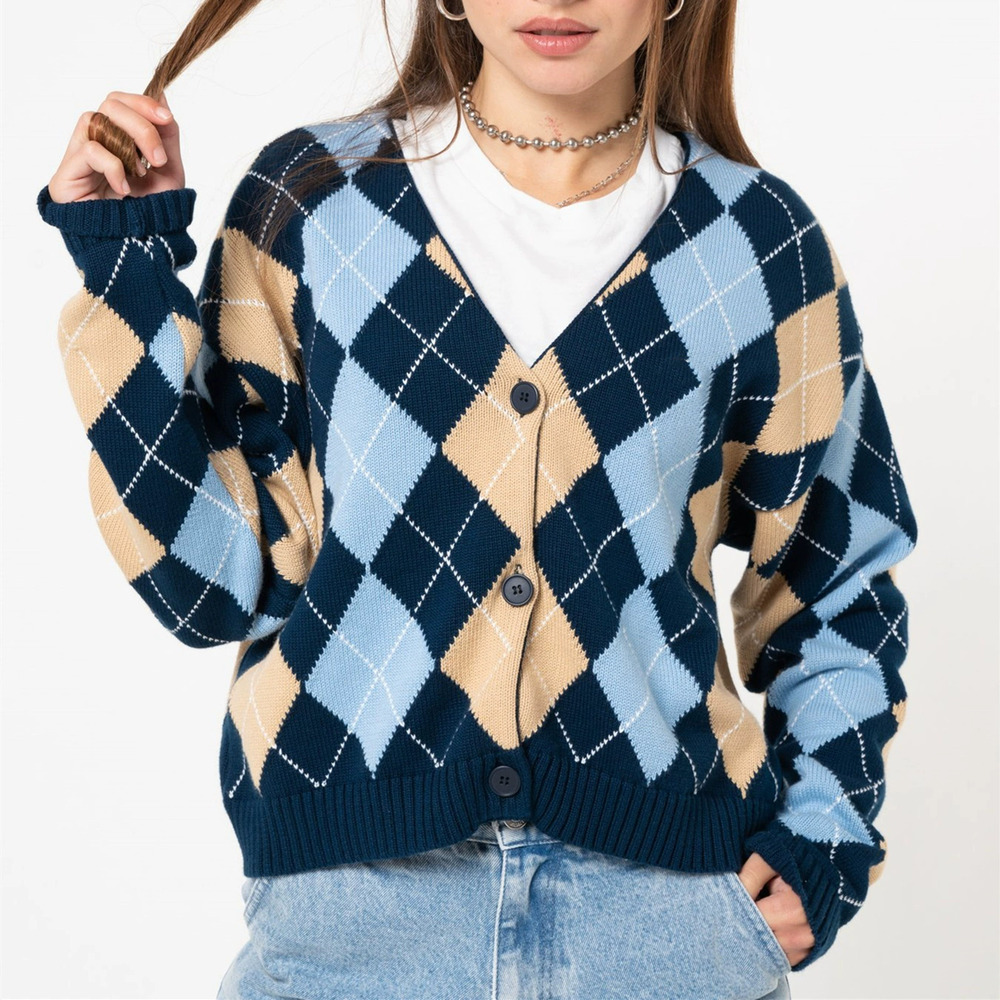 ZARA Retro Diamond Pattern Knit Cardigan Long Sleeve Sweater Casual Coat Women